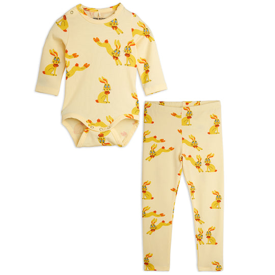 MINI RODINI Vintage Rabbits Baby Pajamas - Yellow