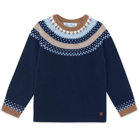 TARTINE ET CHOCOLAT WOOL ROUND NECK SWEATSHIRT - MARINE AND BROWN