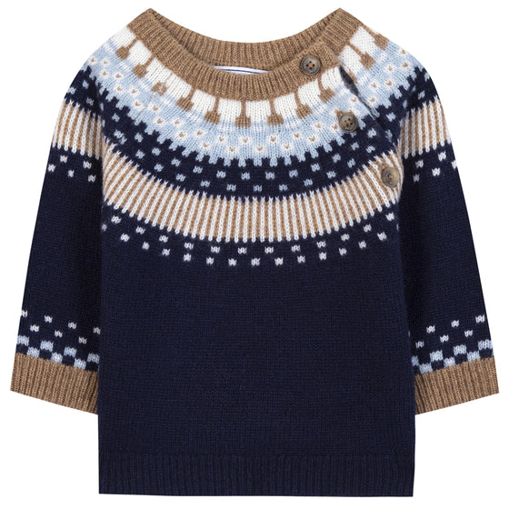 TARTINE ET CHOCOLAT WOOL ROUND NECK SWEATSHIRT - MARINE, BROWN AND LIGHT BLUE