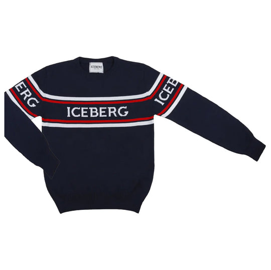 ICEBERG Logo Stripe Cotton Sweater - Navy