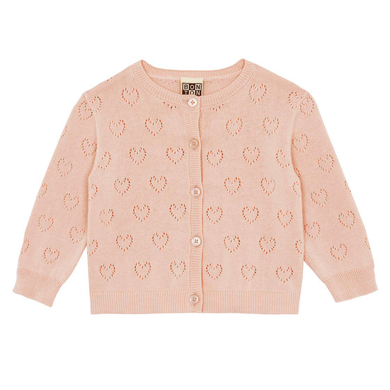 Openwork Heart Knit Baby Cardigan - Pink Shell