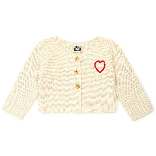 BONTON Timousse Heart Knit Baby Cardigan, Cream