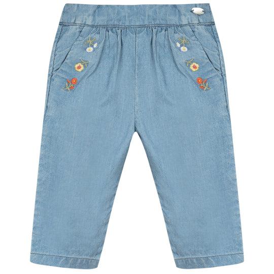 Floral Embroidered Chambray Baby Pants