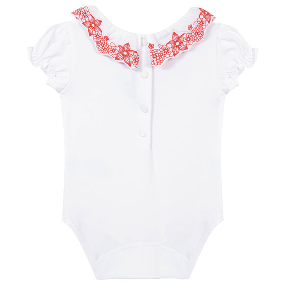 Embroidered Ruffle Collar Bodysuit - Red