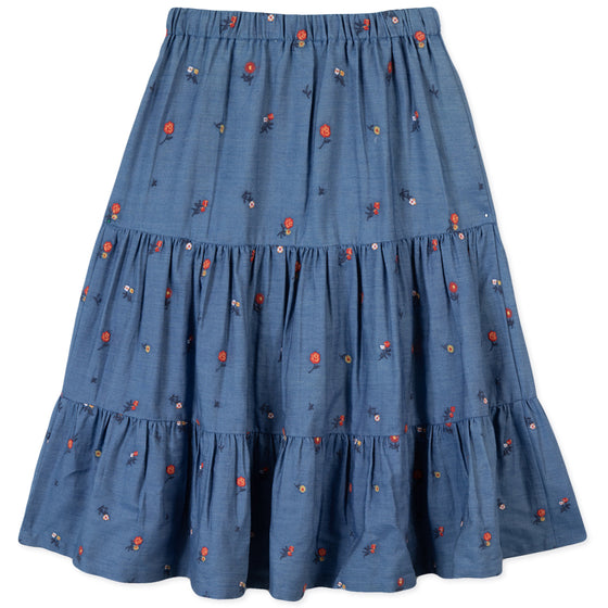 Floral Embroidered Chambray Midi Skirt