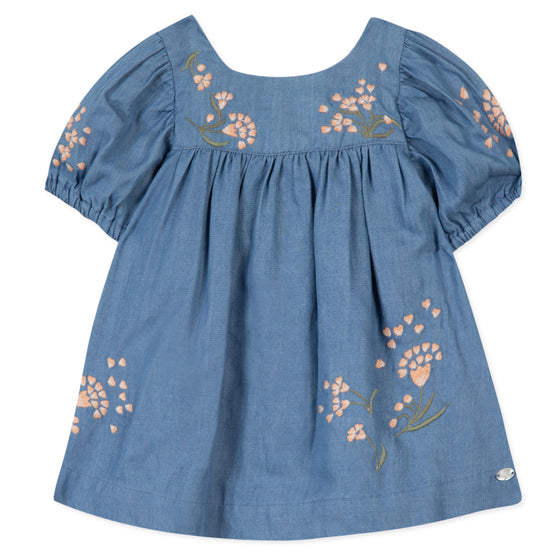 Floral Embroidered Chambray Baby Dress