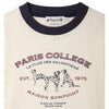 An off-white crewneck sweatshirt with a dark navy blue collar, featuring a vintage-style graphic print on the front with three Dalmatian dogs and the text 'PARIS COLLEGE', 'MAISON BONPOINT', and 'EST. 1975'.