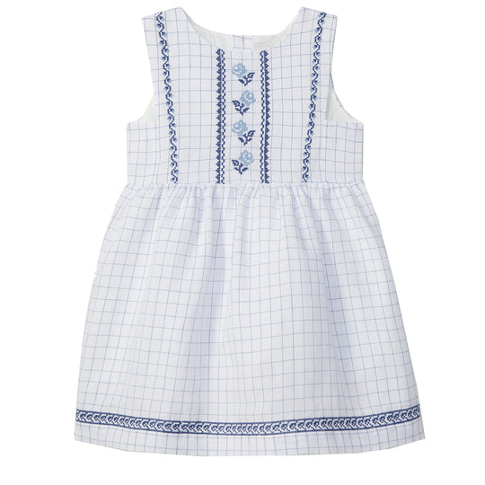 LARANJINHA Embroidered Windowpane Dress - White & Navy