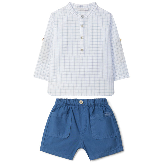 LARANJINHA Windowpane Baby Set - White & Medium Blue