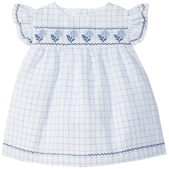LARANJINHA Embroidered Baby Windowpane Dress - White & Navy