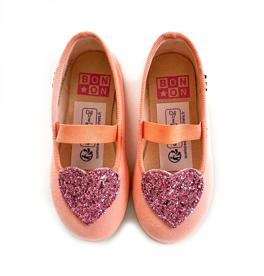 BONTON Sara Sparkle Heart Mary Janes - Peach