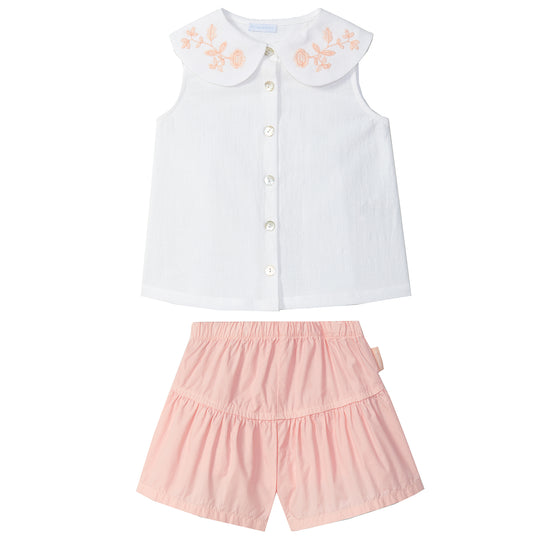 LARANJINHA Embroidered Blouse Shorts Set - Pink & White