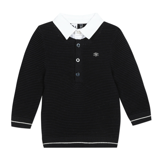 3 POMMES Navy blue sweater with faux shirt collar