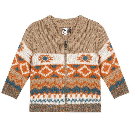 Camel jacquard knit zip-up cardigan  - FINAL SALE