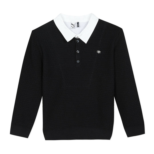 3 POMMES Navy blue sweater with faux shirt collar