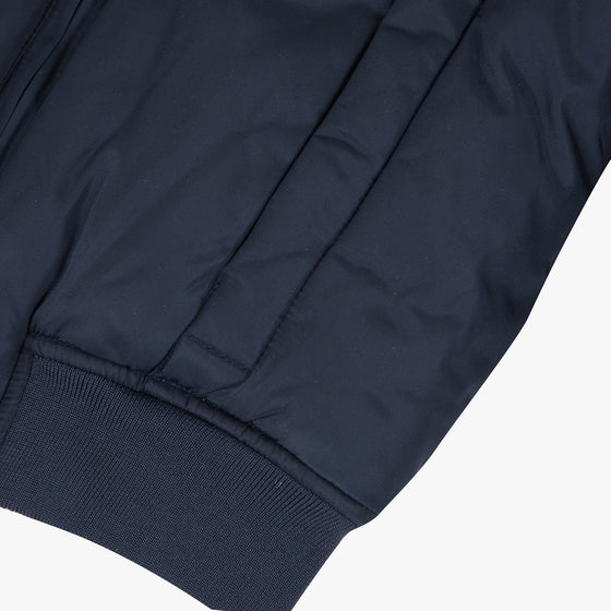 Coated navy blue bomber jacket with faux fur hood  - FINAL SALE