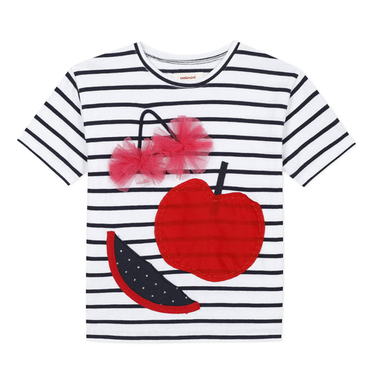 CATIMINI Fruit Print Striped T-shirt