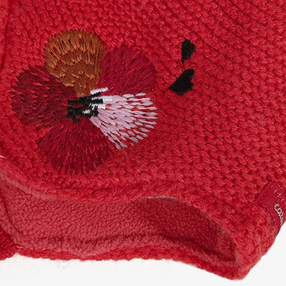 Red knit hat with embroidered flowers