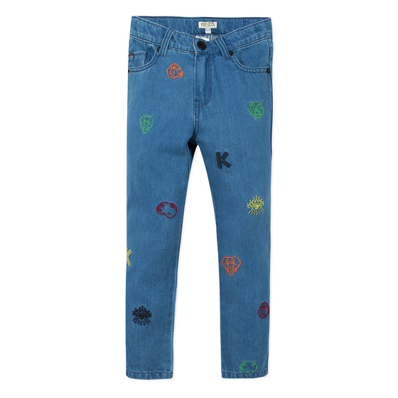 Embroidered blue denim jeans