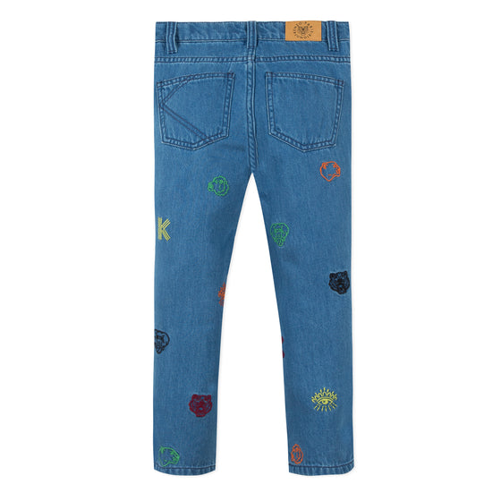 Embroidered blue denim jeans