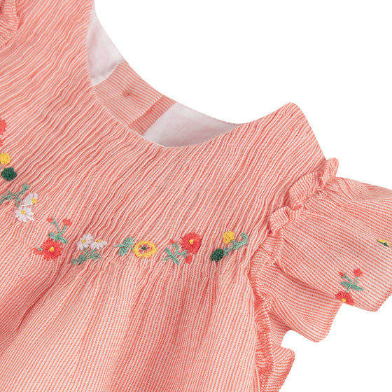 Smocked Embroidered Flutter Sleeve Dress