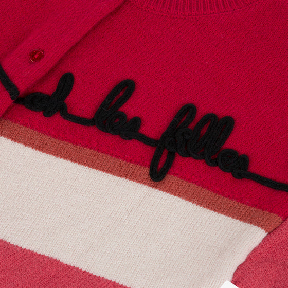 Red fluffy cardigan with wide stripes