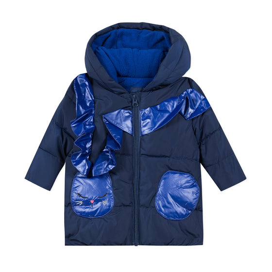 Navy blue puffa jacket with ruffles