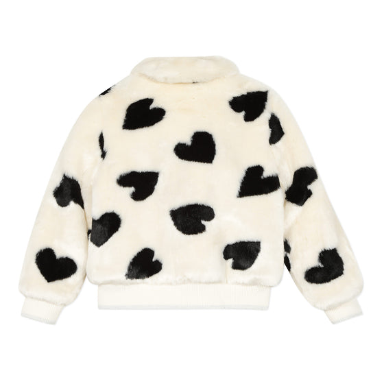 Faux fur jacket with jacquard heart pattern