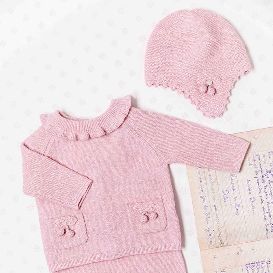 Mid pink soft knit hat with cherry detail  - FINAL SALE