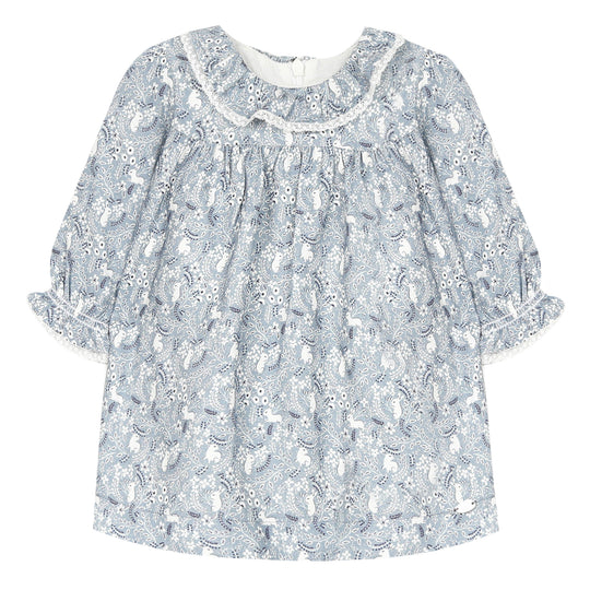 Navy dress with Wonderland rabbit print